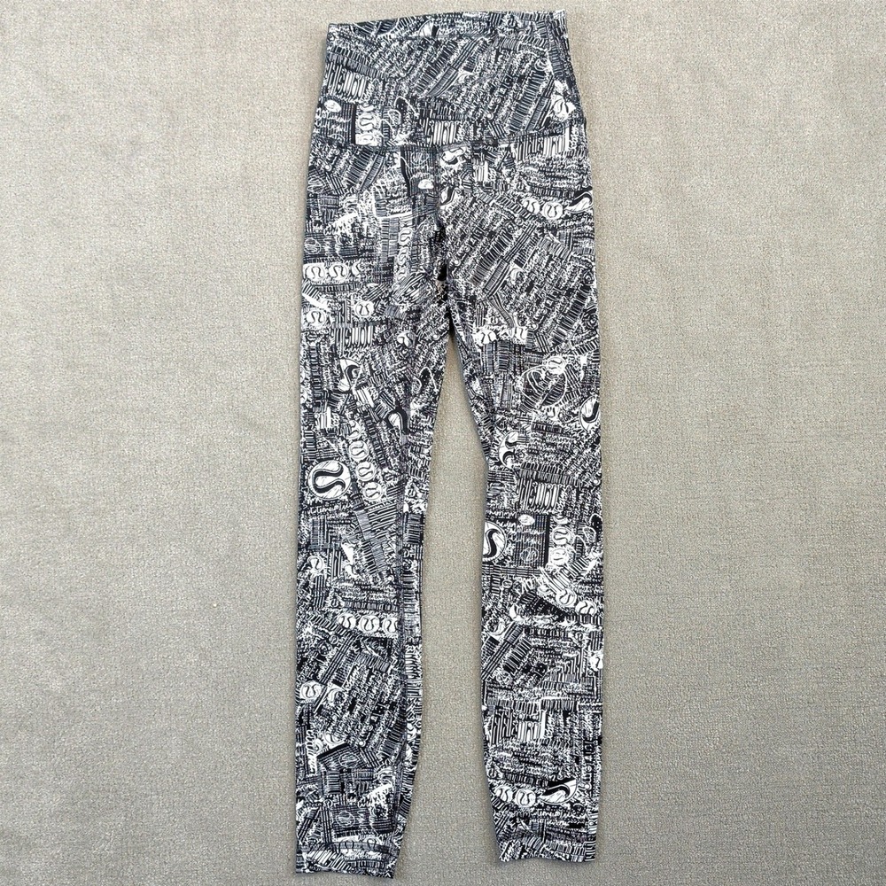 Lululemon Wunder Under Leggings Womens 2 Black White Manifesto Print Luxtreme HR